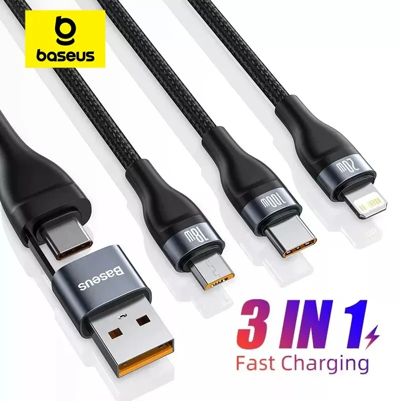 Baseus 3 em 2 Cabo USB Tipo C para iPhone 15 14 13 12 ProMax 11 Cabo Carregador 100W 3 em 1 Cabo para Samsung Xiaomi Mi Macbook