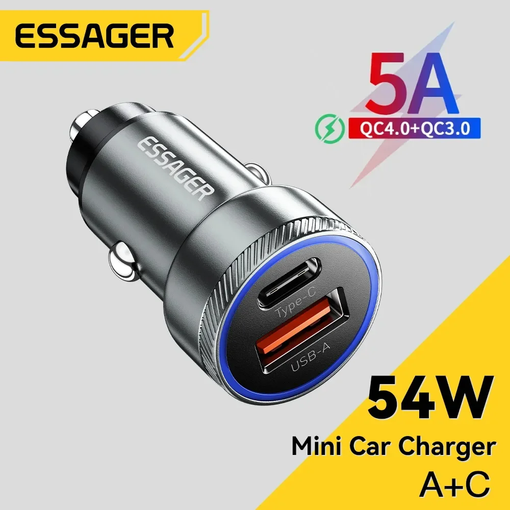 Essager-Carregador de carro para Xiaomi, Samsung, iPhone, 5A Carregamento Rápido, Tipo C, Carregamento Rápido 3.0, QC PD 3.0, SCP USB, 54W