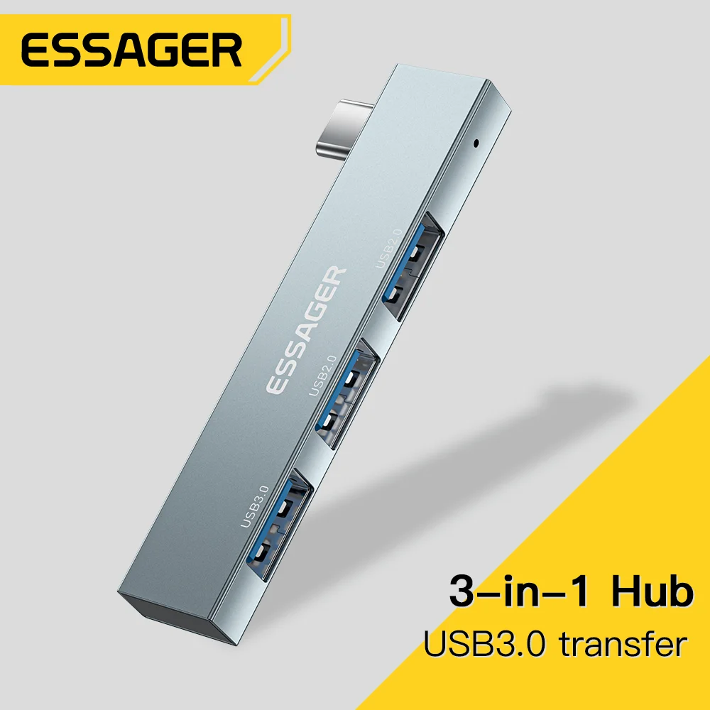 Essager-Portátil Tipo C para Hub USB, 3 Portas, C Plug Estendido, Hub USB de Alta Velocidade para Macbook Pro, Acessórios para Computador, 3 em 1