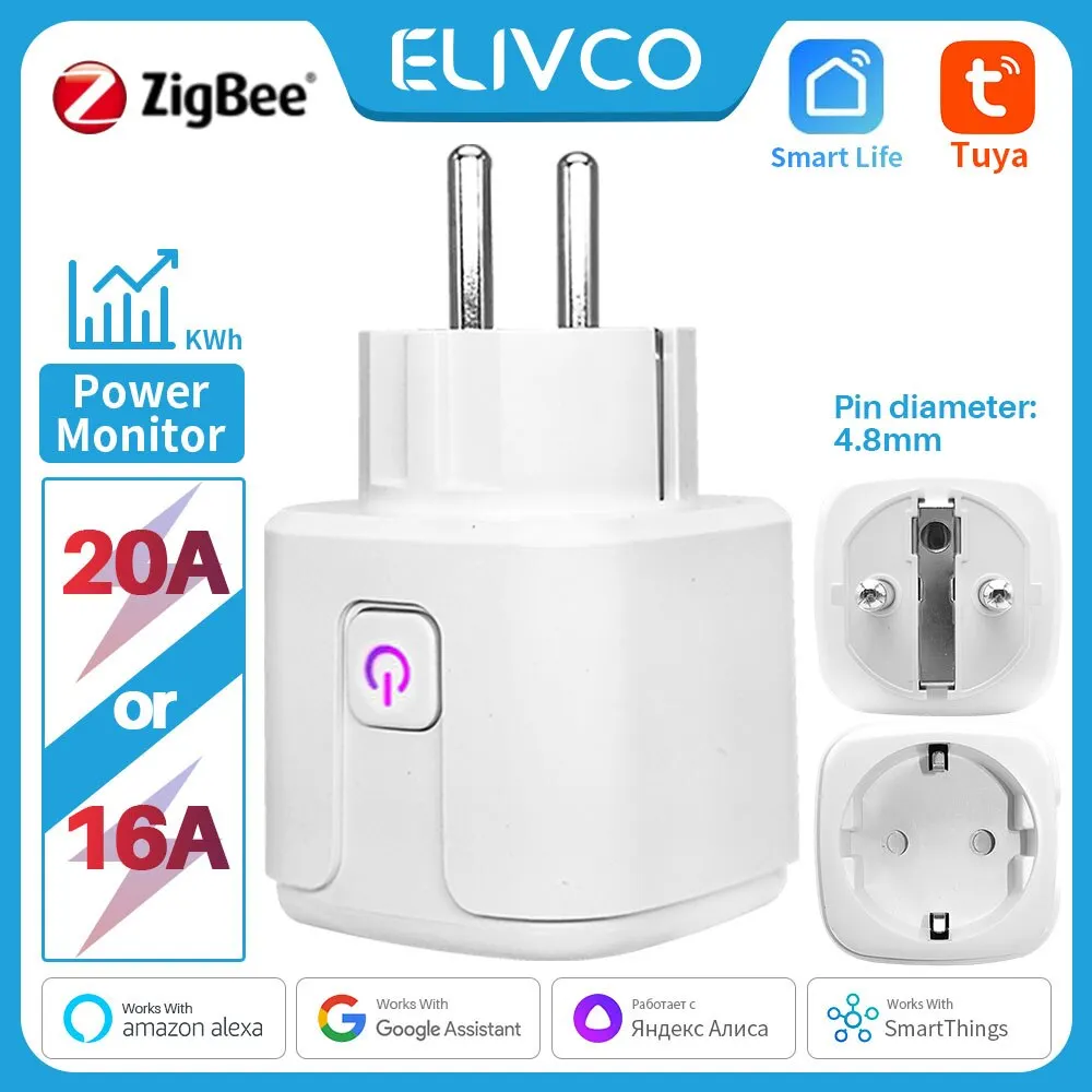 Tomada inteligente Tuya-Zigbee com monitor de alimentação, plugue inteligente, controle de voz, funciona com Alexa, Google Home, Alice, UE, 16A, 20A