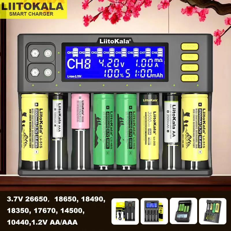 LiitoKala-carregador de bateria, Lii-600, S8, 500, PD4, 202, 18650, 3.7V, 18350, 18500, 21700, 25500, 26650, 1.2V, AA, AAA, NiMH, cd, Lítio-íon