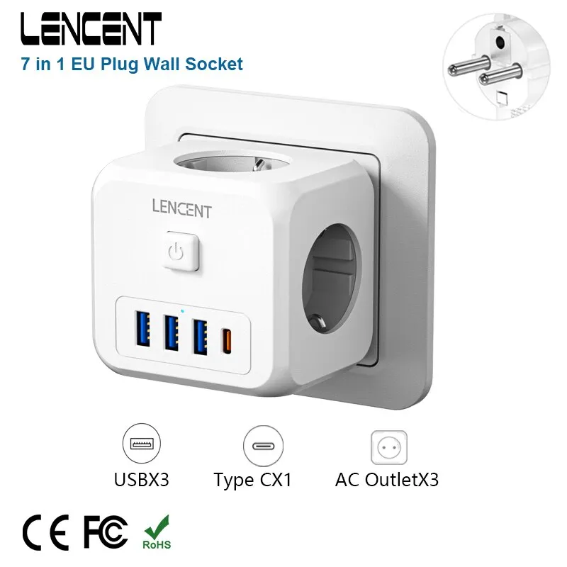 LENCENT Extensor de Tomada de Parede com 3 Tomadas AC 3 Portas USB E 1 Tipo C 7-em 1 EU Plug Charger On/Off Switch para Casa