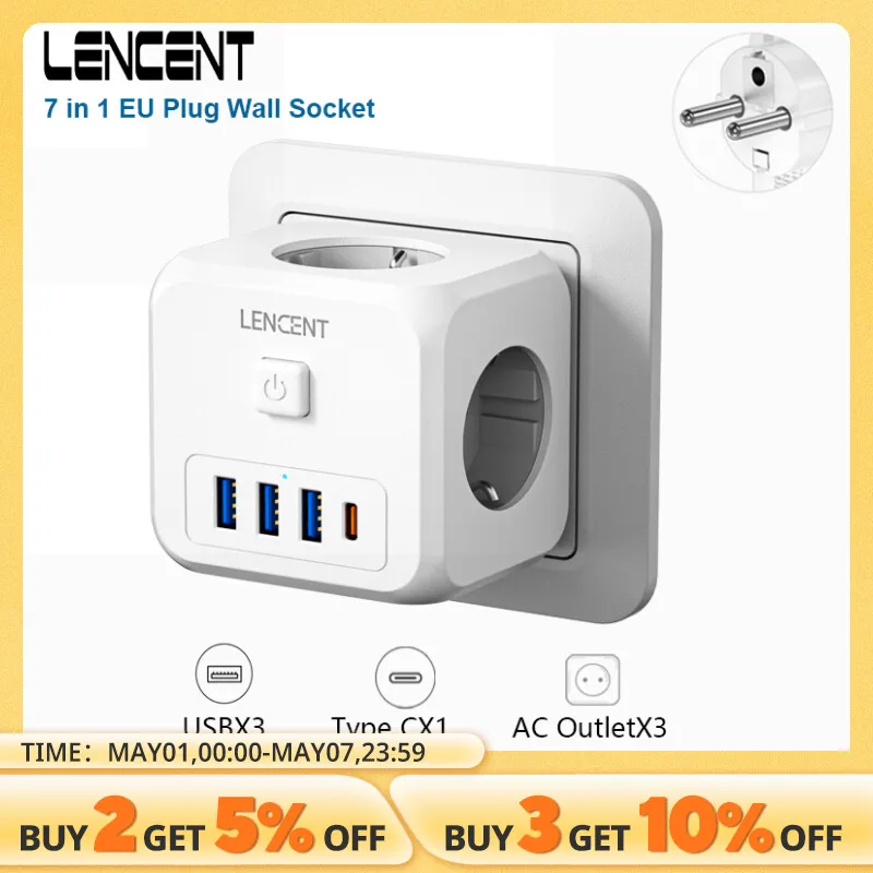 LENCENT Extensor de Tomada de Parede com 3 Tomadas AC 3 Portas USB E 1 Tipo C 7-em 1 EU Plug Charger On/Off Switch para Casa