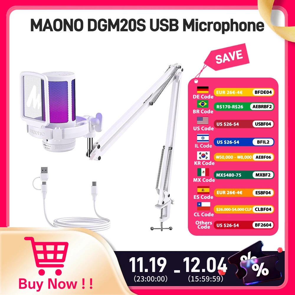 Maono gamerwave dgm20s microfone usb para jogos microfone condensador rgb microfone com cancelamento de ruído com ganho de microfone, luz rgb, uma tecla mudo
