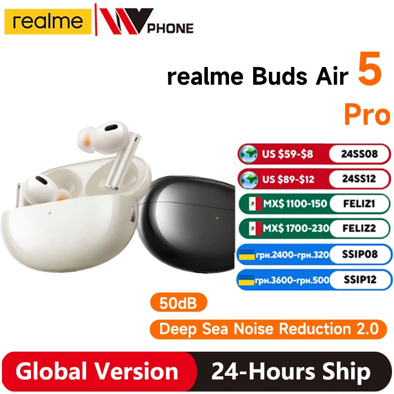 Realme Buds Air 5 Pro TWS Fone De Ouvido, Cancelamento De Ruído Ativo, Fone De Ouvido Sem Fio LDAC, Versão Global, 50dB
