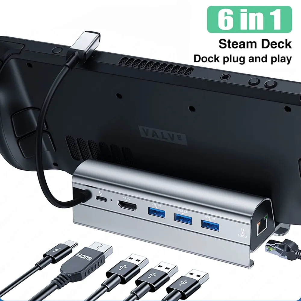 Steam Deck Console Dock Station, TV Base Stand, 6 em 1 Hub, Liga de alumínio Titular Dock, 60Hz, compatível com HDMI, USB-C