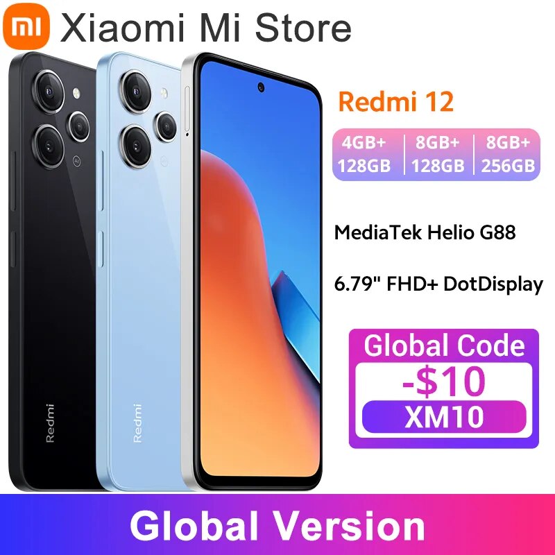 Xiaomi-Redmi 12 MTK Helio G88 Versão Global Câmera Tripla, Carregamento 18W, Bateria 5000mAh, Tela 90Hz, 50MP AI, IP53, 12