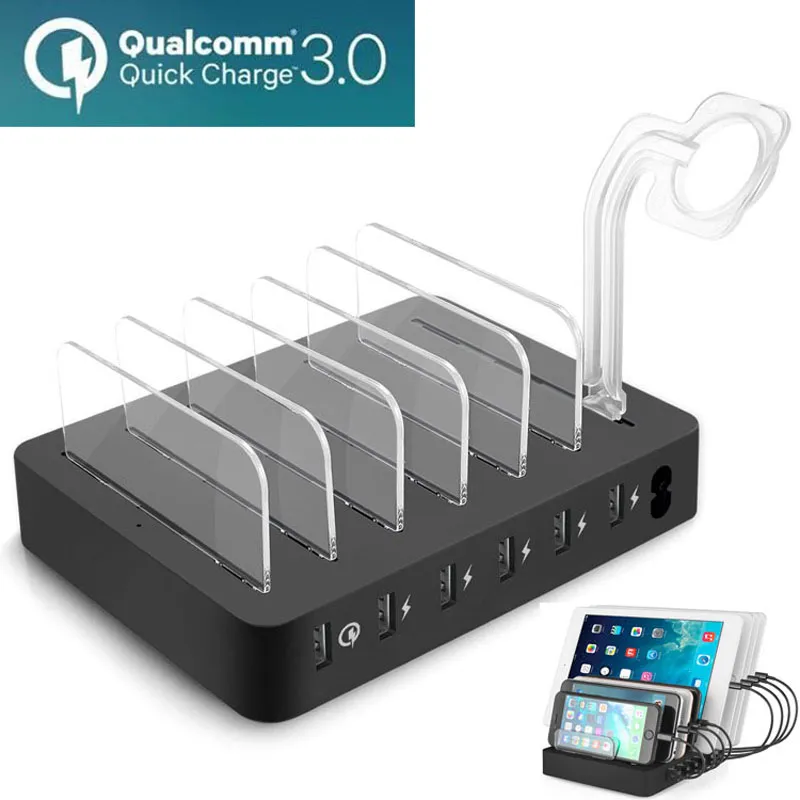 Estação Carregador Multi USB, 6 Portas, QC 3.0, 70W, Carregamento Rápido Desktop Hub para iPhone 14 Pro Max, Samsung, iPad, Apple Watch