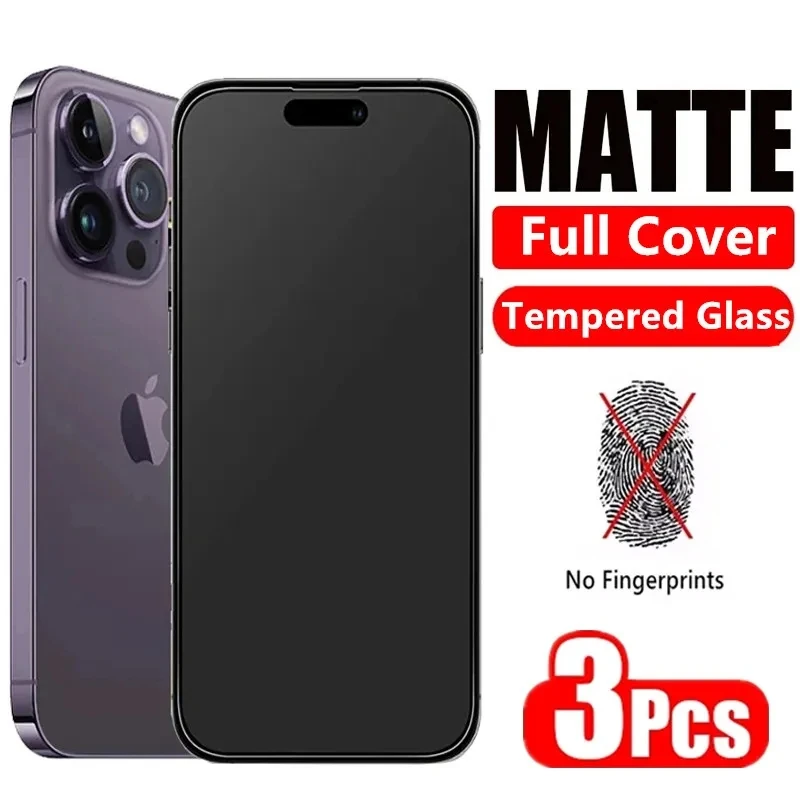 Protetores de Tela Matte Fosco, Vidro Temperado para iPhone 14, 12, 11, 13 Pro Max, 7, 8 Plus, 15, 13, 12 Mini, X, XR, XS, Max, PCes 3