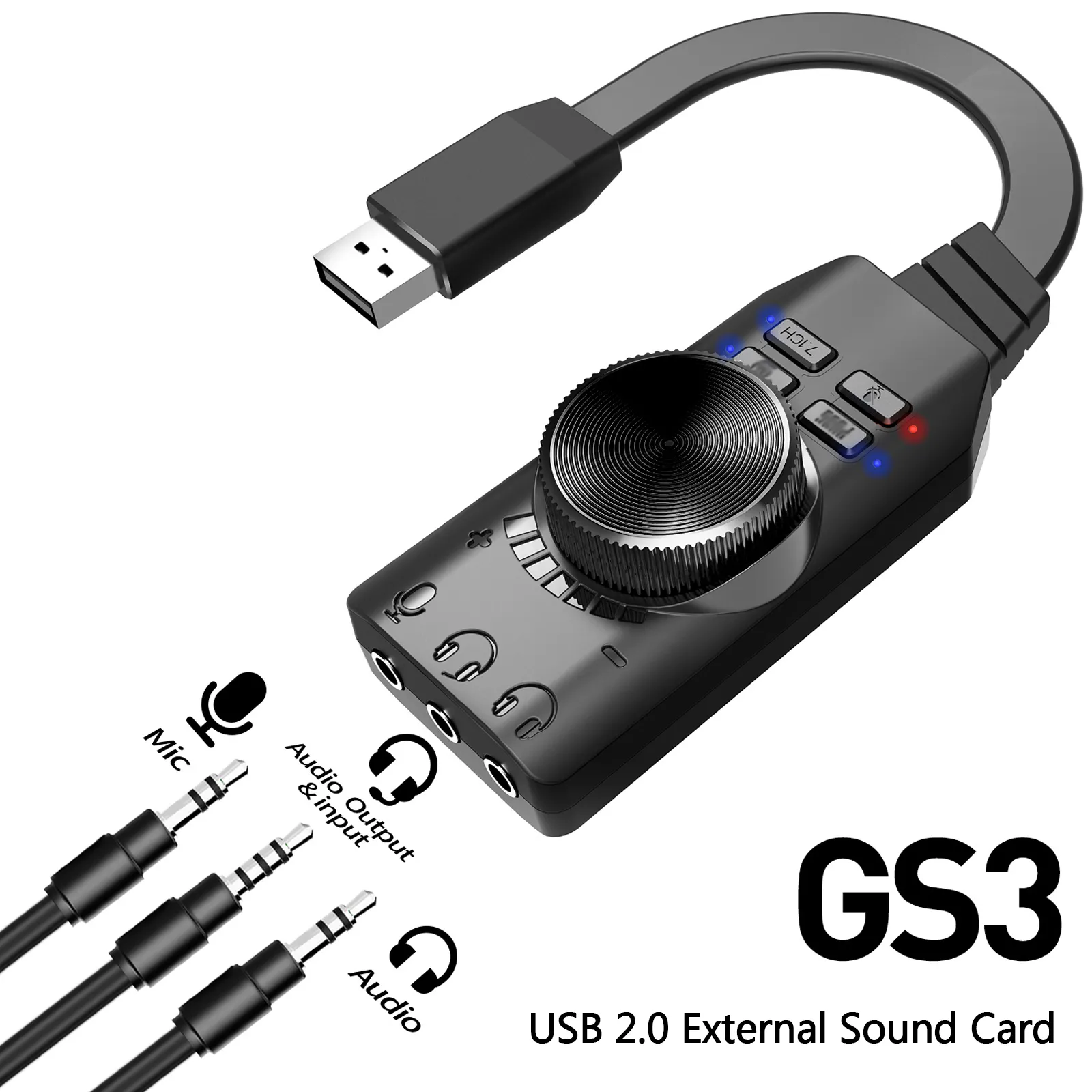 GS3 USB 2.0 Placa De Som Externa, Virtual 7.1 Canal, Adaptador De Placa De Som, Plug and Play, Fone De Ouvido, Microfone, Macacos, Controle De Volume