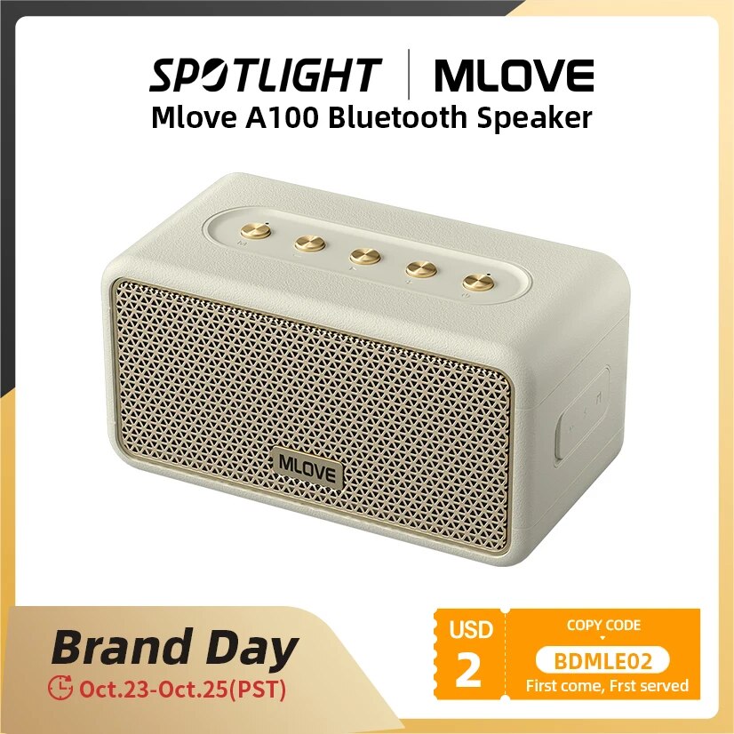 Mlove-A100 Alto-falante Bluetooth portátil, som estéreo sem fio, tempo de reprodução de 24 horas, 5.3 Rich Bass IPX5 à prova d'água