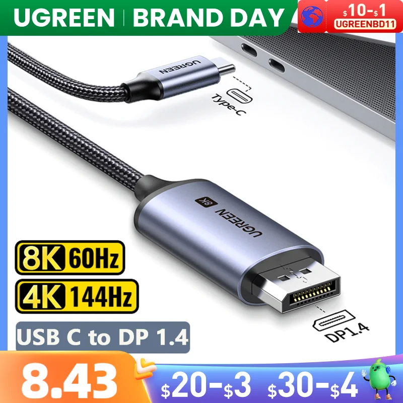 UGREEN-USB C para 8K Displayport 1.4 Cabo, Compatível para iPhone 15, Macbook Pro, iPad, Thunderbolt 3, 4, USB Tipo C para 8K Cabo DP, 32.4Gbps