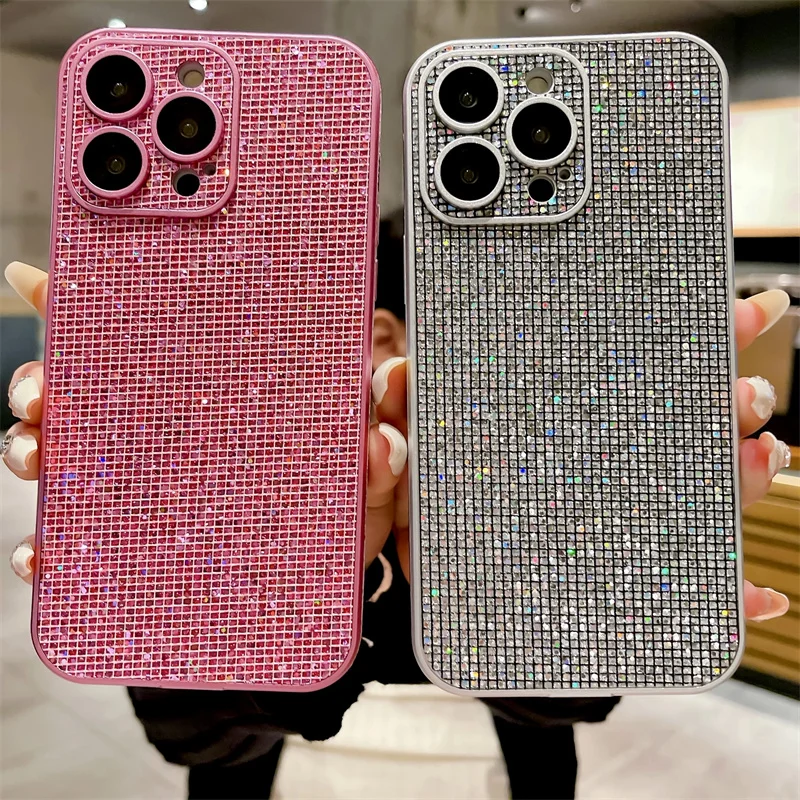 Capa de couro PU Glitter para iPhone, proteção contra película de lente de câmera, luxo, iPhone 15 Pro Max, 14, 13, 12, 11