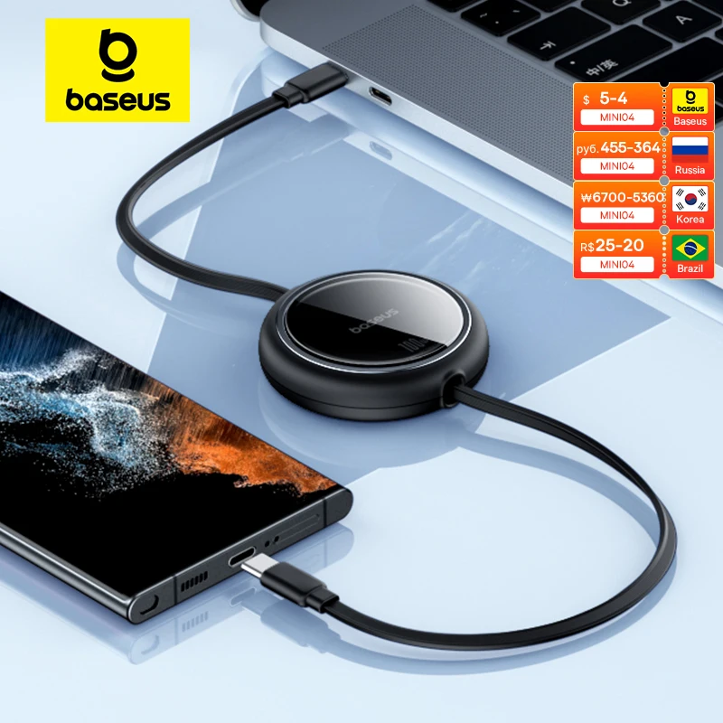 Baseus-Cabo USB C retrátil para iPhone, 15 Plus Pro Max, carregador rápido para MacBook, iPad, Xiaomi, Samsung, 100W