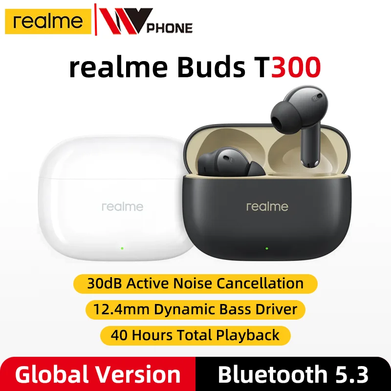 Realme-T300 TWS Verdadeiro Fone De Ouvido Sem Fio, Versão Global Buds, 30dB, Cancelamento De Ruído Ativo, 40 Horas De Vida Da Bateria, Bluetooth 5.3, IP55