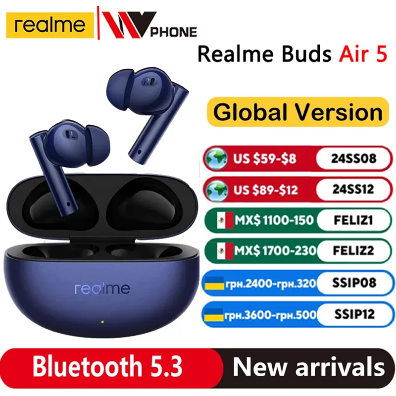 Realme Buds Air 5 Versão Global Fone de Ouvido TWS, Cancelamento de Ruído Ativo, 50dB, Bateria de 38 Horas, IPX5, Bluetooth 5.3