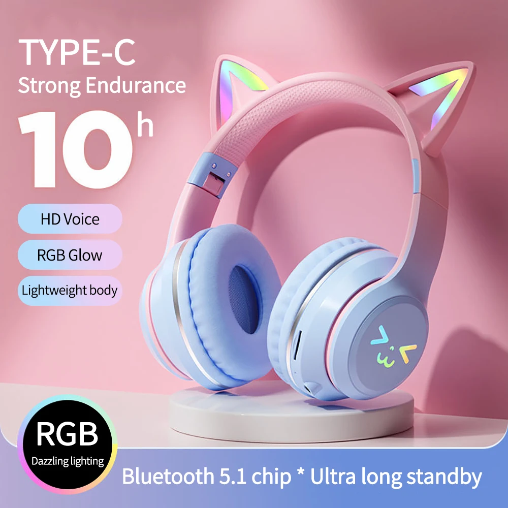 Fones de ouvido gradiente sem fio para crianças Cute Cat Ear Fones de ouvido Bluetooth com microfone Fone de ouvido estéreo para jogos musicais