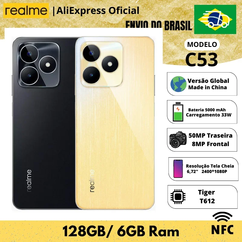 Celular Realme C53 128GB ROM / 6GB RAM | Envio do Brasil | Smartphone 4G , ROM Global , Processador Tiger T612 , Carregador 33W