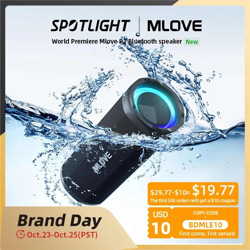 MLOVE-P2 Alto-falante portátil Bluetooth, alto-falantes duplos, luzes RGB, IPX7 à prova d'água, conectividade TWS, estreia mundial