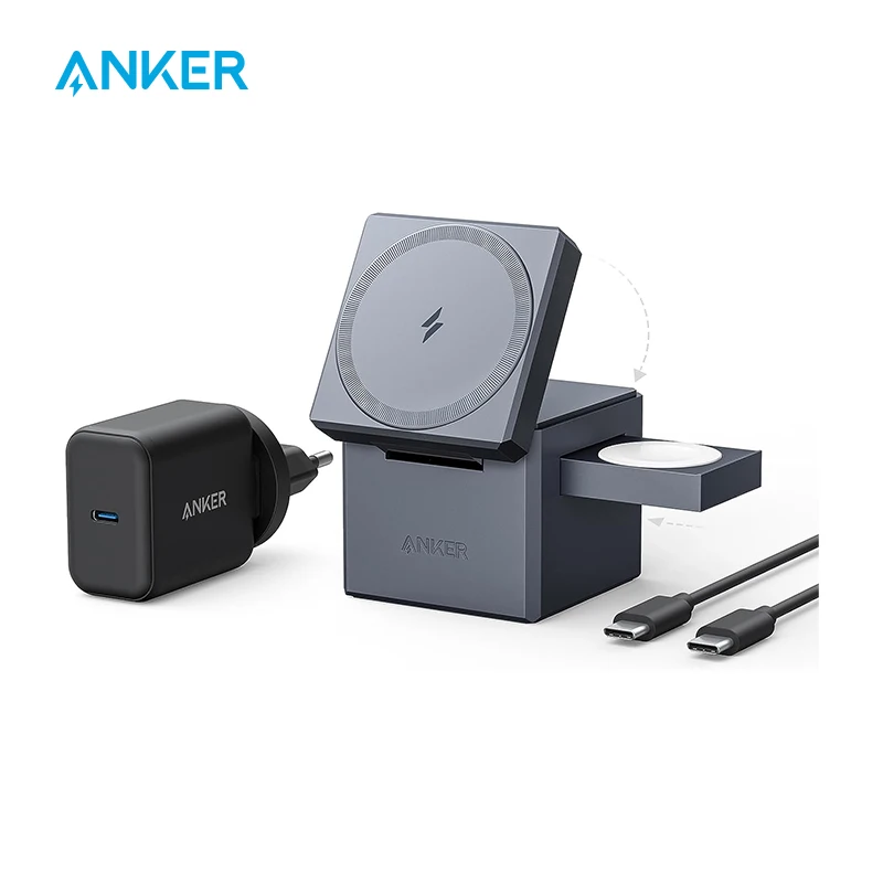 Anker-magsafe carregador stand 3 em 1, dobrável, sem fio, carregamento rápido, 15w max, para iphone 15