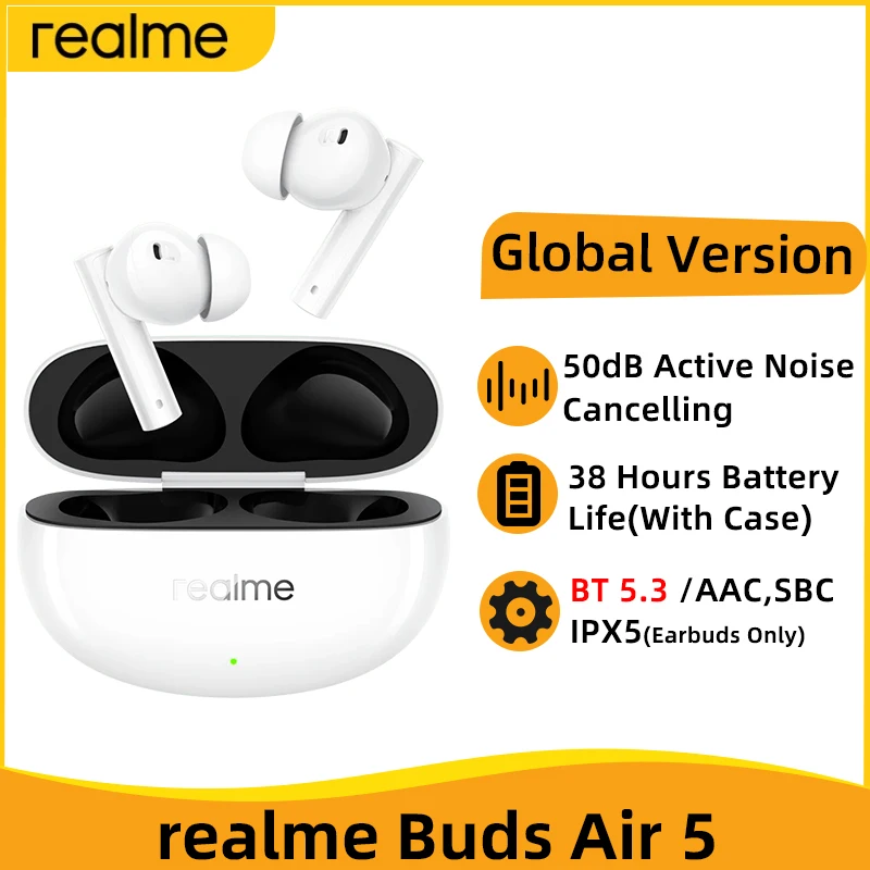 Versão global realme buds air 5 tws fone de ouvido 50db cancelamento de ruído ativo bluetooth 5.3 38 horas bateria verdadeiro fone de ouvido sem fio