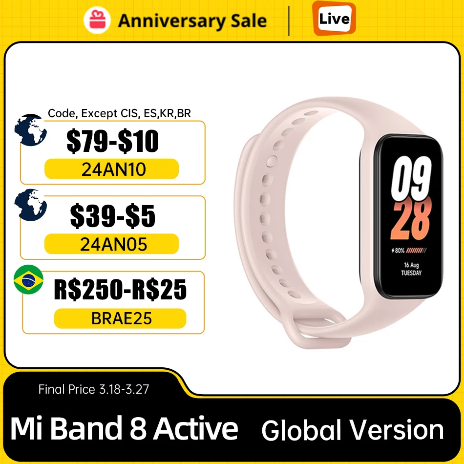 Pulseira Xiaomi-Mi Band 8 Active Fitness, Versão Global, Display de 1,47 