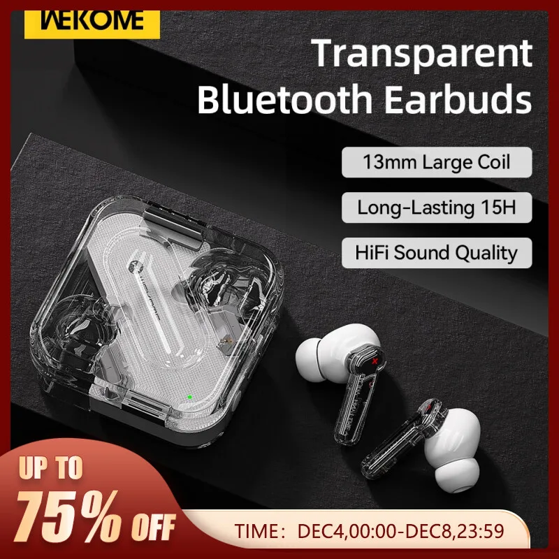 WEKOME-V51 TWS Fone de ouvido sem fio Bluetooth 5.1, estilo transparente, baixa latência, motorista 13 milímetros, alta música Earbuds, fones de ouvido