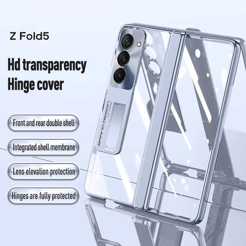 Dobradiça dobrável de suporte transparente galvanizada para Samsung Galaxy Z Fold 5, caso com filme temperado, capa protetora à prova de choque