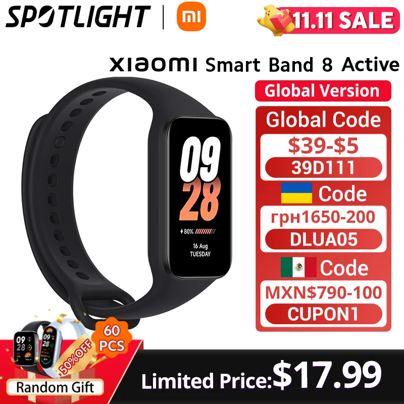 Xiaomi-Smart Band 8 active, Smartband Ativo, Monitor de Oxigênio no Sangue, Tela 1,47 