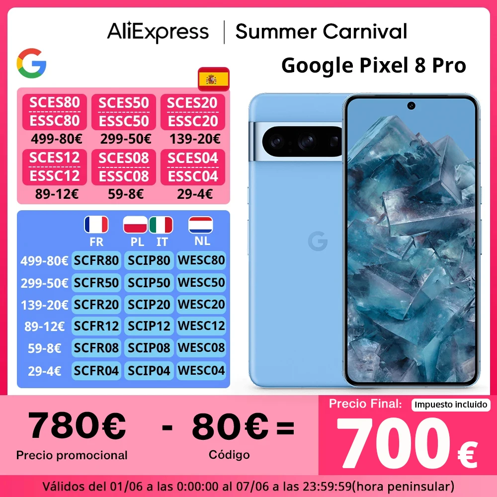 Versão global do Google Pixel 8 Pro 5G Google Tensor G3 Ecrã OLED LTPO de 120HZ de 6,7 polegadas Câmara principal de 50MP Bateria de 5050mAh Smatphone IP68