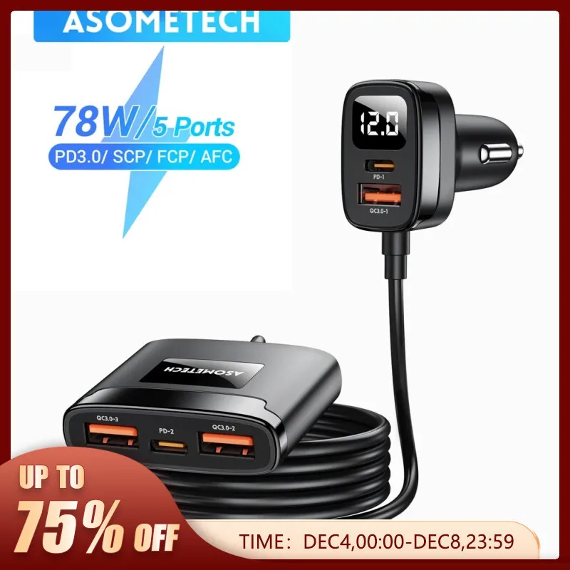 Asometech-Carregador de Carro USB, Tipo C, iPhone, Samsung, Tablet, Xiaomi, QC3.0, PD3.0, SCP, 78W, 5 Portas