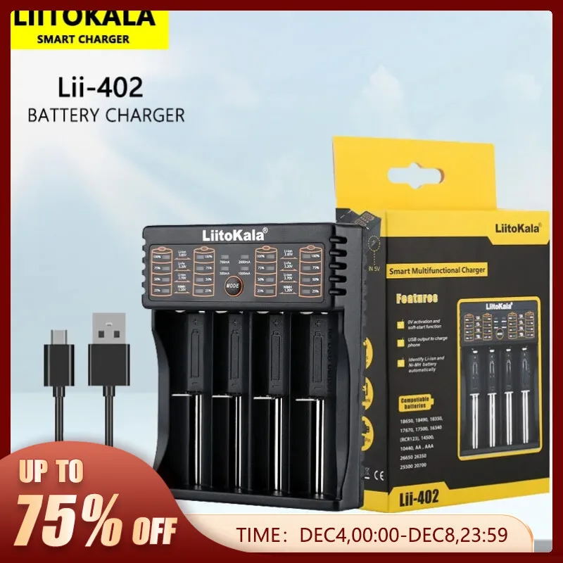 Liitokala-Carregador de bateria recarregável de lítio, Lii-402, 18650, 3.7V, 3.2V, 3.85V, 26650, 20700, 14500, 21700, 25500, 16340, 1.2V, NiMH