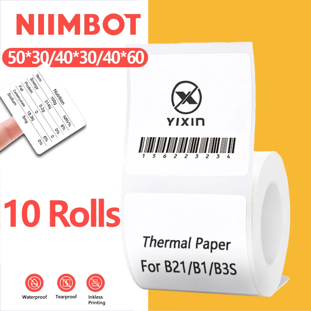 NiiMBOT Adesivo Térmico, Papel de etiqueta adesiva branca, Oficial para Mini Impressora Niimbot, B1 B21, 3 Rolls, 5 Rolls, 10 Rolls