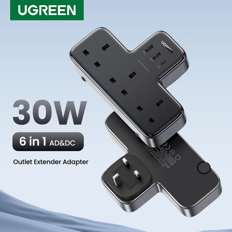 UGREEN-UK Plug Desktop Charger, Power Strip Outlet, Adaptador de Extensão para iPhone 15, 14 Pro Max, Xiaomi, Carregador Rápido de Parede, AD DC, 30W