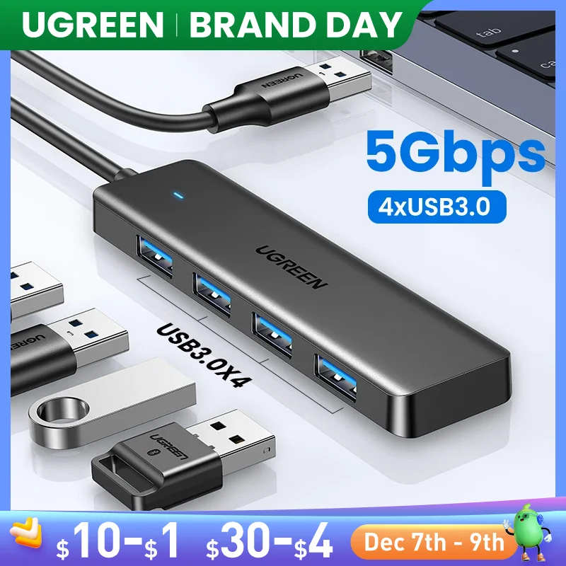 UGREEN-USB 3.0 Hub, 4 portas, Slim para Mouse, Teclado Compatível com MacBook Pro, Ar, Laptop, Desktop, PC, Xbox, PS5, Splitter