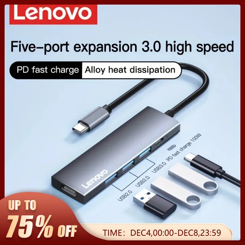 Lenovo-5 in 1 Hub USB C com 4K HDMI, 100W Power Delivery, 3 USB-A Portas de Dados, Adaptador Multiport para MacBook Pro e Air