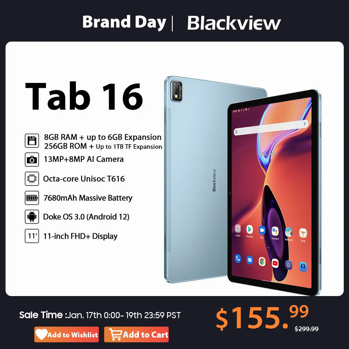 Blackview-Tab 16 Tablet Android 12, Chamada telefônica dupla 4G, 11 