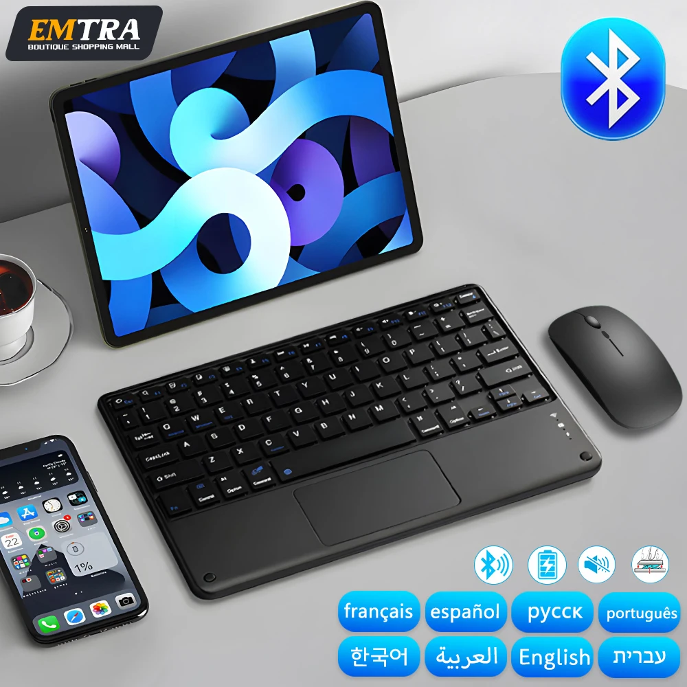 Teclado sem fio Bluetooth Touchpad, Android, IOS, Samsung, Xiaomi, Tablet, iPad Air Pro, Mini, espanhol, russo, coreano