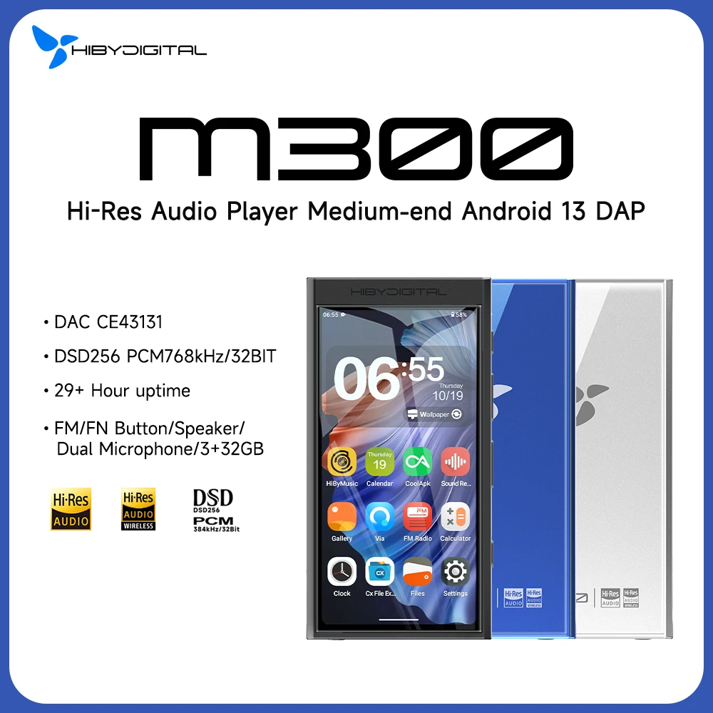 Hiby digital m300 android 13 leitor de música mp3 áudio de alta fidelidade bluetooth wifi usb dac dsd rádio fm microfone duplo alto-falante embutido ips 29hr