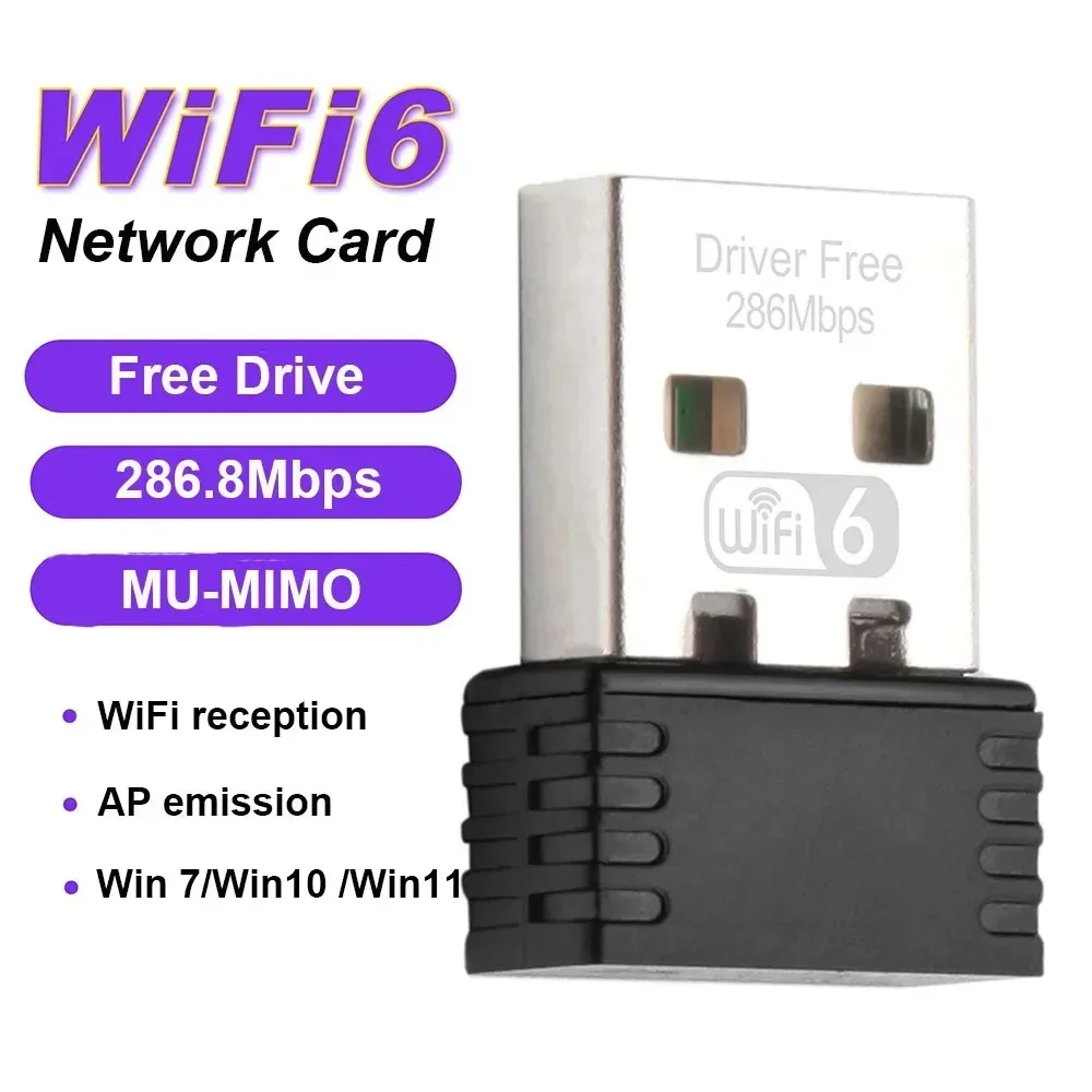 Mini USB WiFi 6 Dongle Placa de rede, 2,4 GHz, Adaptador Lan WiFi, Driver Livre para PC, Computador portátil, janelas 7, 10, 11, 300m, 150m, Receptor