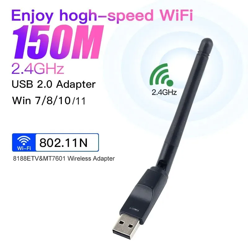 150Mbps Mini USB WiFi Adapter, 8188ETV MT7601 Placa de rede sem fio, Antena Signal Receiver, Dongle para PC Laptop, Windows 7, 10, 11