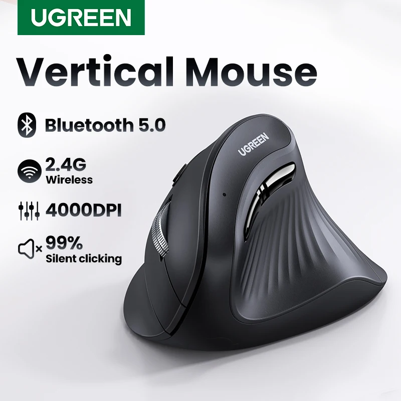 UGREEN-Mouse Vertical Sem Fio, Bluetooth 5.0, 2.4G, Ergonômico 4000DPI, 6 Botões Mudo para MacBook, Tablet, Laptops, Computador, PC