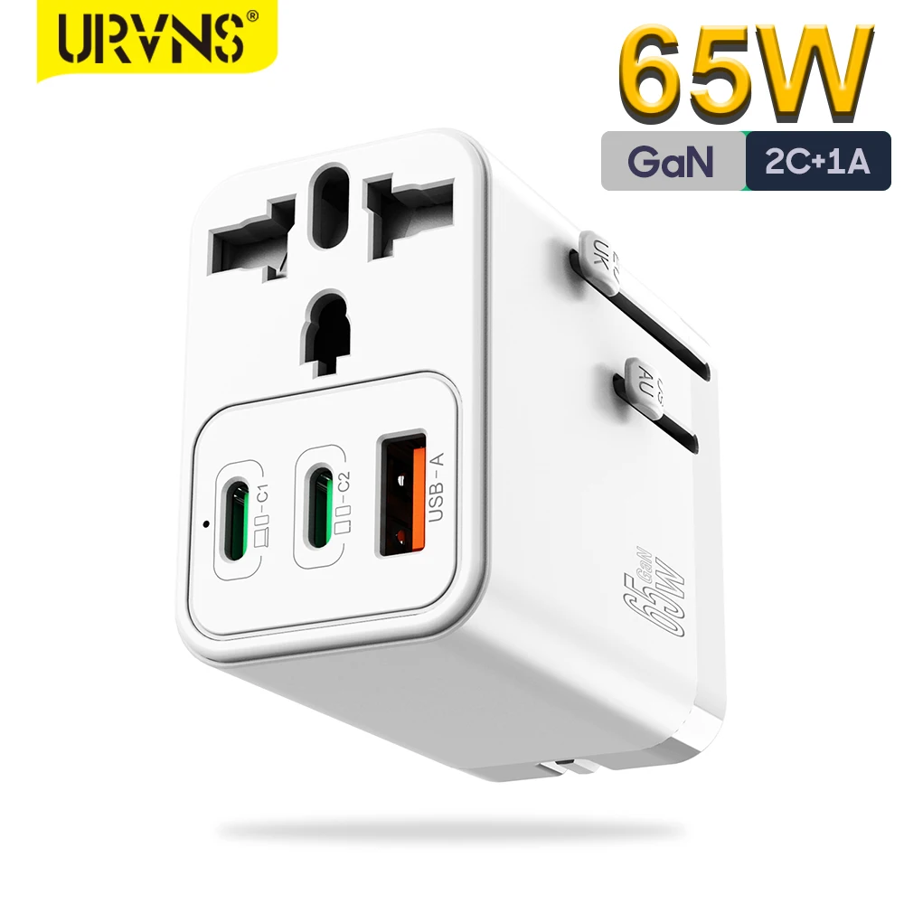 URVNS-Adaptador Universal de Viagem, GaN Carregador Rápido, Reino Unido, UE, AU, Plugs EUA, 2USB-C, PD, USB-A, QC, Em todo o mundo, Internacional, 65W