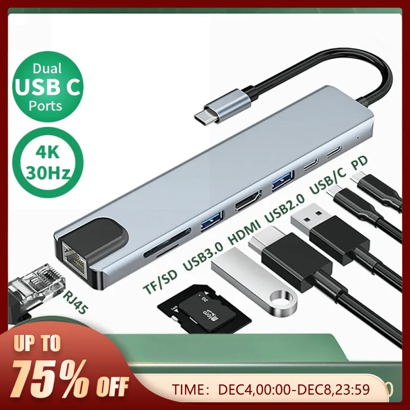 USB Tipo C 8 em 1 Adaptador de Carga Rápida PD para MacBook, Notebook, Laptop, Computador, HDMI, 4K, RJ45, SD, Leitor de Cartão TF