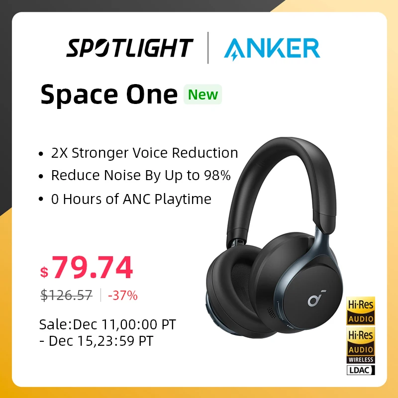 Anker-Space One Ativo Auscultadores com Cancelamento de Ruído, Soundcore, Sem Fio, Bluetooth, 5.3, 2X, Redução de Voz Mais Forte