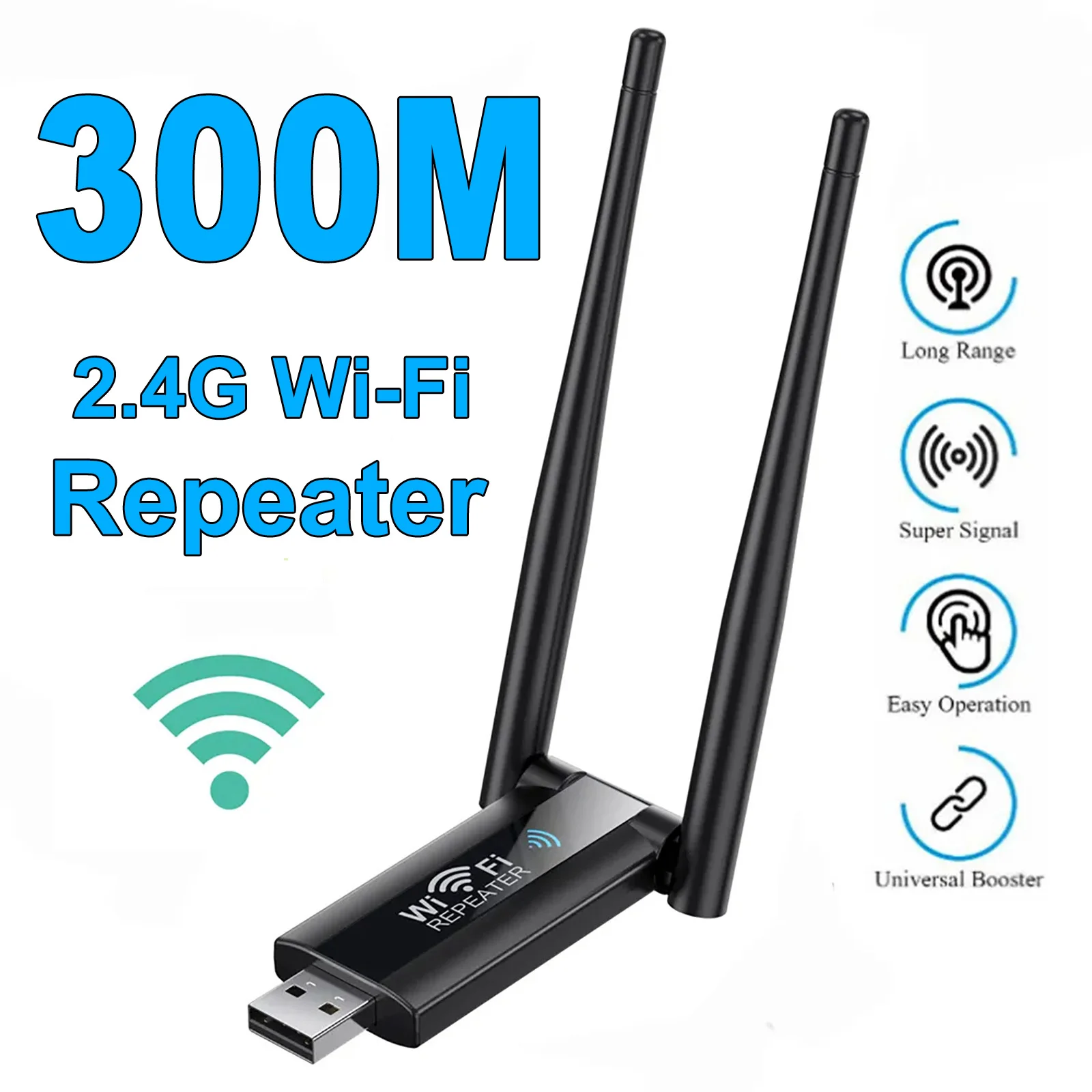 Repetidor sem fio USB WiFi, extensor, amplificador de sinal, impulsionador, roteador Wi-Fi de longo alcance, extensão de rede doméstica, 2.4G, 300Mbps