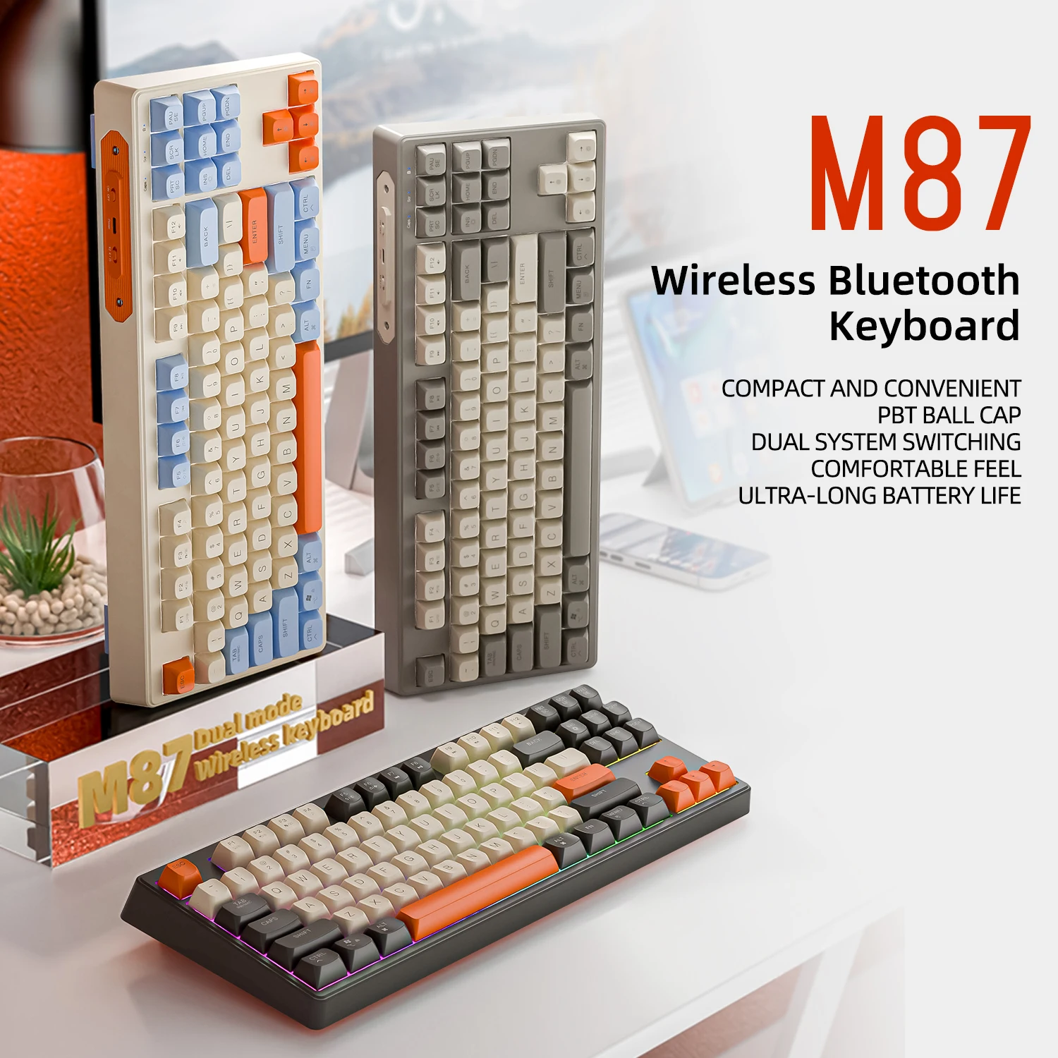 M87 Bluetooth Gaming Keyboard, 2.4G Dual Mode Conexão, PBT Ball Cap, Rainbow Light, Adequado para Computadores Laptops e Mac