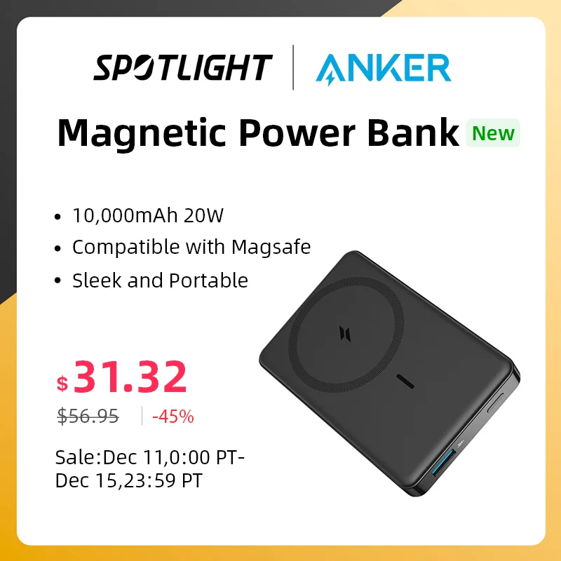 Anker-Banco de energia magnética sem fio, carregador portátil, bateria de carregamento rápido, USB-C Compatível com Magsafe, 10.000 mAh, 20W