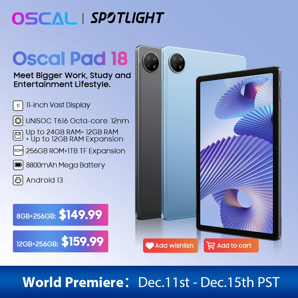 Oscal Pad 18 Tablet, Android 13, 24GB, 12 + 12, 256GB, 11 