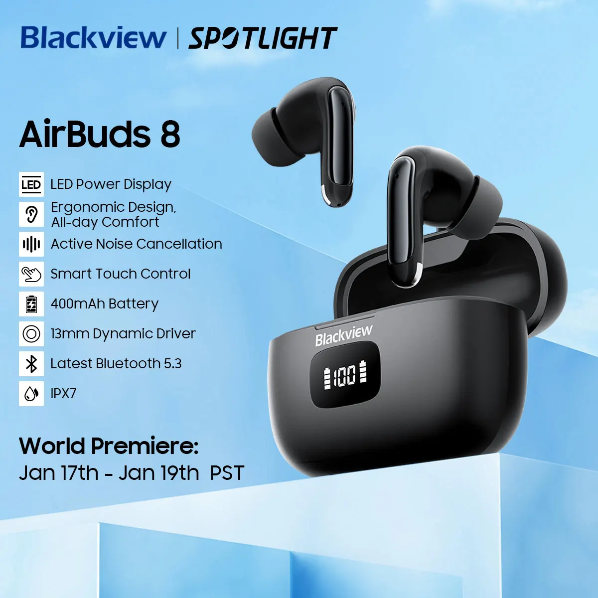 Blackview-AirBuds 8, Bluetooth 5.3 Headset, TWS Fones De Ouvido Sem Fio, Touch Control Headphone, microfone, titulares